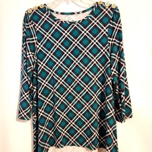 Kim Rogers Romy Green Red Boxy 3/4 Sleeve Blouse M High Low Hem